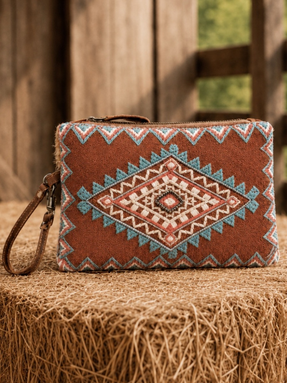 NWT Myra Bag “Desert Sunrise” Embroidered Beaded Terracotta & Turquoise Wristlet